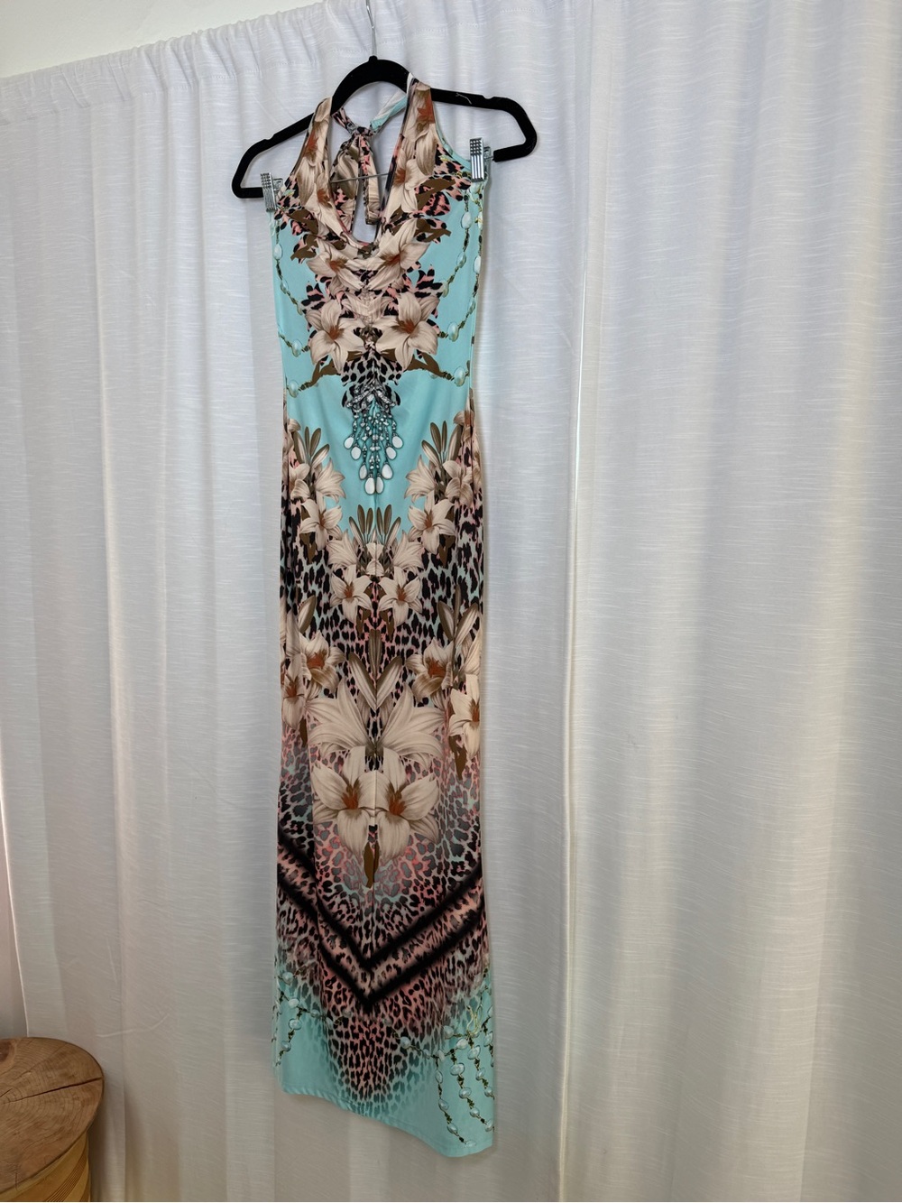 VENUS Tropical Floral Leopard Print Halter Maxi Dress Resort Vacation | Size XS - Picture 6 of 13